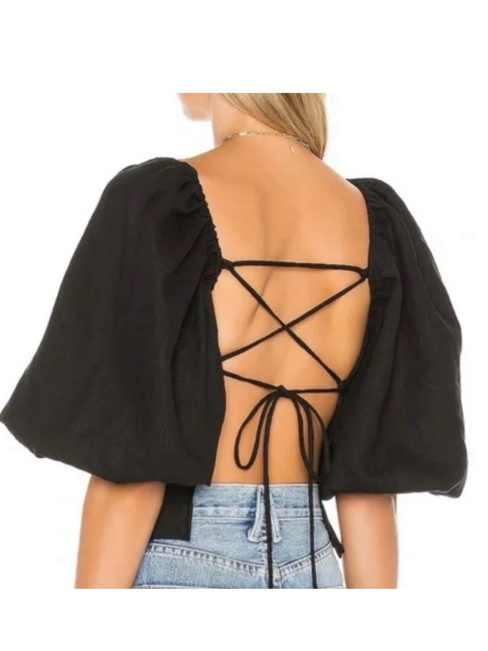 Revolve x LPA Open-Back Puff Sleeve Crop Top - Black